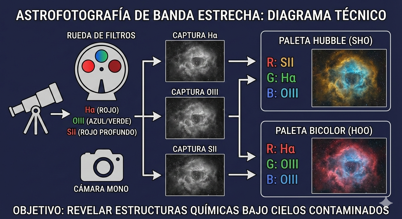 Diagrama Técnico de Astrofotografía de Banda Estrecha
